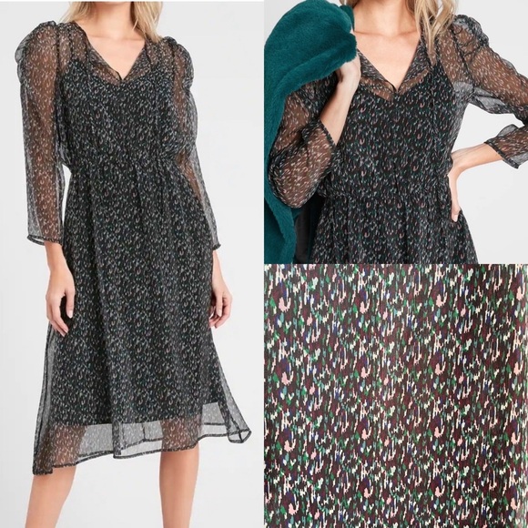 Banana Republic Factory Sheer Puff- Sleeves Metallic Lurex Ikat Midi Dress M - Picture 1 of 15